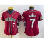 Women's Mexico Baseball #7 Julio Urias Number 2023 Red World Baseball Classic Stitched Jersey2