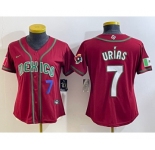 Women's Mexico Baseball #7 Julio Urias Number 2023 Red World Baseball Classic Stitched Jersey3
