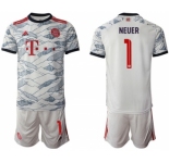 Men's FC Bayern München #1 Neuer White Away Soccer Jersey with Shorts