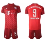 Men's FC Bayern M端nchen #9 Robert Lewandowski Red Home Soccer Jersey with Shorts
