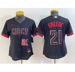Women's Cincinnati Reds #21 Hunter Greene Number Black 2023 City Connect Cool Base Stitched Jersey2