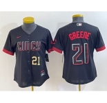Women's Cincinnati Reds #21 Hunter Greene Number Black 2023 City Connect Cool Base Stitched Jersey