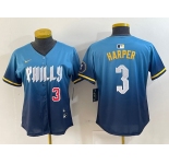 Women's Philadelphia Phillies #3 Bryce Harper Number Blue 2024 City Connect Limited Stitched Jersey