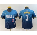 Youth Philadelphia Phillies #3 Bryce Harper Number Blue 2024 City Connect Limited Stitched Jersey