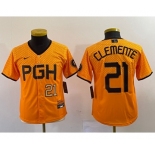 Youth Pittsburgh Pirates #21 Roberto Clemente Number Yellow 2023 City Connect Stitched Jersey1