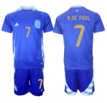 Men's Argentina #7 Rodrigo Javier De Paul Blue 2024-25 Away SoccerJersey Suit
