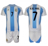 Men's Argentina #7 Rodrigo Javier De Paul White Blue 2024-25 Home Soccer Jersey Suit
