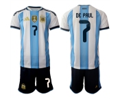 Men's Argentina #7 Rodrigo Javier De Paul White Blue 2025-26 Home Soccer Jersey Suit