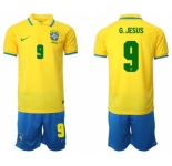Men's Brazil #9 G. Jesus Yellow Home Soccer Jersey Suit