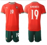 Men's Portugal Team #19 Nuno Mendes 2025 Red Home Soccer Jersey Suit