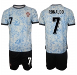 Men's Portugal Team #7 Ronaldo 2024-25 White Blue Away Soccer Jersey Suit
