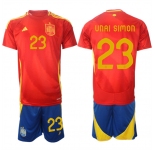Men's Spain Team #23 Unai Simón 2024-25 Red Home Soccer Jersey Suit