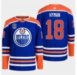 Men's Edmonton Oilers #18 Zach Hyman Royal 2024 Stanley Cup Final Patch Stitched Jersey