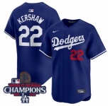 Men Nike Los Angeles Dodgers Clayton Kershaw #22 Blue Flex Base 2024 World Series Champions Stitched MLB Jersey