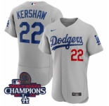 Men Nike Los Angeles Dodgers Clayton Kershaw #22 Gray Flex Base 2024 World Series Champions Stitched MLB Jersey