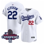 Men Nike Los Angeles Dodgers Clayton Kershaw #22 White Flex Base 2024 World Series Champions Stitched MLB Jersey