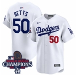 Men Nike Los Angeles Dodgers Mookie Betts #50 White Flex Base 2024 World Series Champions Stitched MLB Jersey
