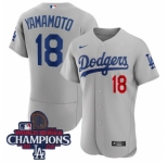 Men Nike Los Angeles Dodgers Yoshinobu Yamamoto #18 Gray Flex Base 2024 World Series Champions Stitched MLB Jersey