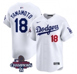 Men's Los Angeles Dodgers #18 Yoshinobu Yamamoto White 2024 World Series Champions Home Limited Stitched Baseball Jersey