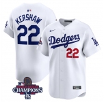 Men's Los Angeles Dodgers #22 Clayton Kershaw White 2024 World Series Champions Home Limited Stitched Baseball Jersey