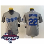 Women Nike Los Angeles Dodgers Clayton Kershaw #22 Gray Flex Base 2024 World Series Champions Stitched MLB Jersey