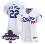 Women Nike Los Angeles Dodgers Clayton Kershaw #22 White Flex Base 2024 World Series Champions Stitched MLB Jersey