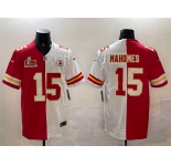 Men's Kansas City Chiefs #15 Patrick Mahomes Red & White Split 2025 Super Bowl LIX Patch Vapor Limited Stitched Football Jersey