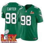 Men Philadelphia Eagles Jalen Carter #98 Kelly Green 2024-2025 Super Bowl LIX F U S E Stitched NFL Jersey