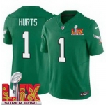Men Philadelphia Eagles Jalen Hurts #1 Kelly Green2024-2025 Super Bowl LIX F U S E Stitched NFL Jersey