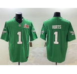 Men's Philadelphia Eagles #1 Jalen Hurts Green 2025 Super Bowl LIX Patch F.U.S.E. Throwback Vapor Untouchable Limited Stitched Football Jersey