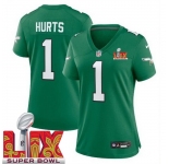 Women Philadelphia Eagles Jalen Hurts #1 Kelly Green 2024-2025 Super Bowl LIX F U S E Stitched NFL Jersey