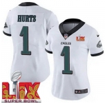 Women Philadelphia Eagles Jalen Hurts #1 White 2024-2025 Super Bowl LIX F U S E Stitched NFL Jersey