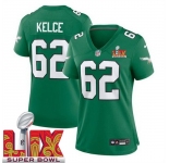 Women Philadelphia Eagles Jason Kelce #62 Kelly Green 2024-2025 Super Bowl LIX F U S E Stitched NFL Jersey