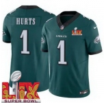 Youth Philadelphia Eagles Jalen Hurts #1 Green 2024-2025 Super Bowl LIX F U S E Stitched NFL Jersey