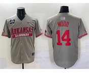 Men's Arkansas Razorbacks #14 Gage Wood Grey 2025 World Series & SEC Patch Stitched Jersey