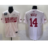 Men's Arkansas Razorbacks #14 Gage Wood White Pinstripe 2025 World Series & SEC Patch Stitched Jersey
