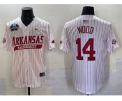 Men's Arkansas Razorbacks #14 Gage Wood White Pinstripe 2025 World Series & SEC Patch Stitched Jersey