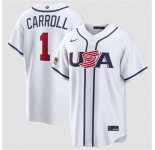 Men's USA Baseball #1 Corbin Carroll White 2026 World Baseball Classic Home Stadium Stitched Jersey