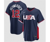 Men's USA Baseball #12 Kyle Schwarber Navy 2026 World Baseball Classic Road Stadium Stitched Jersey