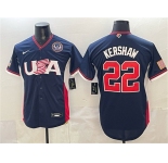 Men's USA Baseball #22 Clayton Kershaw Navy 2026 World Baseball Classic United States 250th Anniversary Patch Road Stadium Stitched Jersey