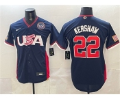 Men's USA Baseball #22 Clayton Kershaw Navy 2026 World Baseball Classic United States 250th Anniversary Patch Road Stadium Stitched Jersey