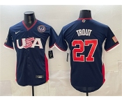 Men's USA Baseball #27 Mike Trout Navy 2026 World Baseball Classic United States 250th Anniversary Patch Road Stadium Stitched Jersey