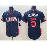 Men's USA Baseball #5 Ernie Clement Navy 2026 World Baseball Classic Road Stadium Stitched Jersey