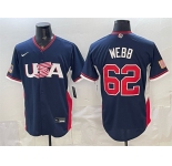 Men's USA Baseball #62 Logan Webb Navy 2026 World Baseball Classic Road Stadium Stitched Jersey