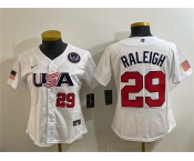 Women's USA Baseball #29 Cal Raleigh White 2026 World Baseball Classic United States 250th Anniversary Patch Stadium Stitched Baseball Jersey