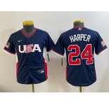 Youth USA Baseball #24 Bryce Harper Navy 2026 World Baseball Classic Stadium Stitched Baseball Jersey