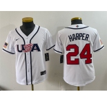 Youth USA Baseball #24 Bryce Harper White 2026 World Baseball Classic Home Stadium Stitched Baseball Jersey