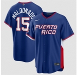 Men's Puerto Rico Baseball #15 Martín Maldonado Blue 2026 World Baseball Classic Road Stadium Stitched Jersey