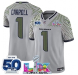 Men's Seattle Seahawks #1 Pete Carroll Gray 2025 F.U.S.E. Super Bowl LX Patch And 50th Season Patch “Rivalries” Vapor Limited Football Stitched Jersey