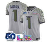 Men's Seattle Seahawks #1 Pete Carroll Gray 2025 F.U.S.E. Super Bowl LX Patch And 50th Season Patch “Rivalries” Vapor Limited Football Stitched Jersey